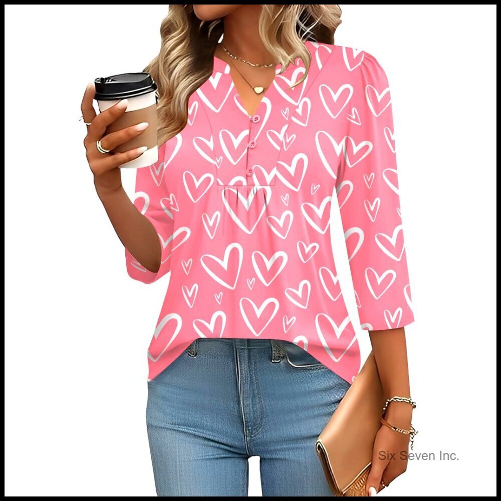 Loose Fit Pleated Henley V-Neck Blouse 3/4 Sleeve Chic Casual Work Top